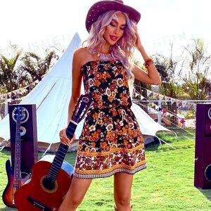 Floral Print Tube, Orange, Black, Country Western, Boho Hippie Dress, Sz XL